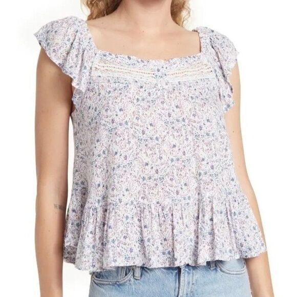 Lucky Brand Phoebe Crochet Trim Top L Flutter Sleeves White & Lilac Floral NEW - Picture 1 of 7